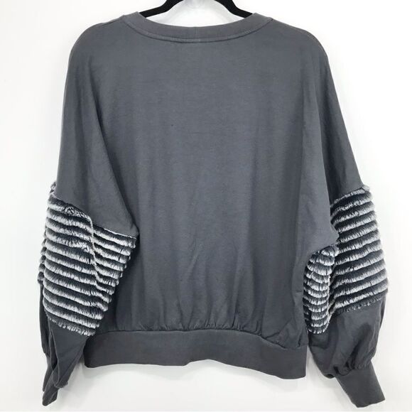 Young Fabulous and Broke Gray Faux Fur Stripe Sleeve Cozy Pullover - Picture 10 of 16